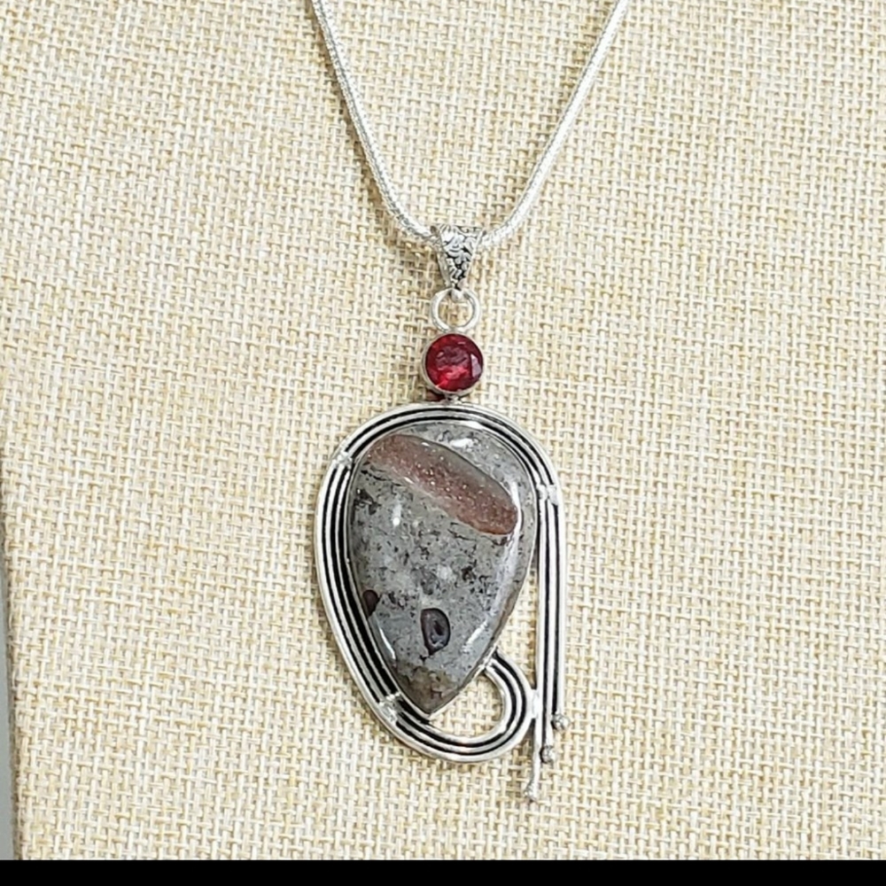 Jasper Necklace, 925 Silver Coffee Bean Jasper Garnet Pendant Necklace View 2